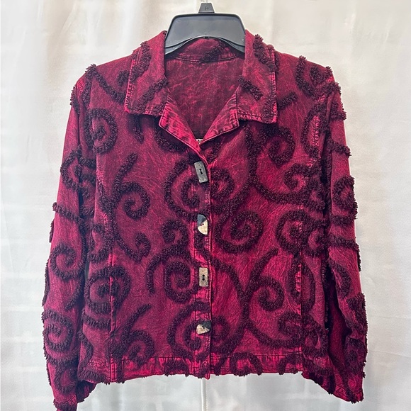 Vtg Produce Company Red Overdye Chenille Swirl Boho Jacket Made in USA Sz M - Picture 1 of 9